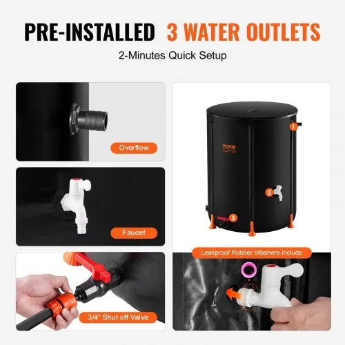 VEVOR Collapsible Rain Barrel 53 Gal Rain Catcher with Spigots and Overflow Kit