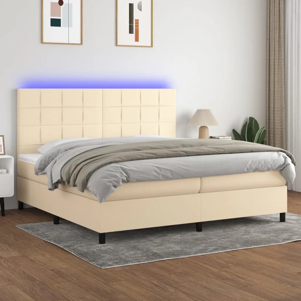 Κρεβάτι Boxspring με Στρώμα &amp; LED Κρεμ 200x200 εκ. Υφασμάτινο