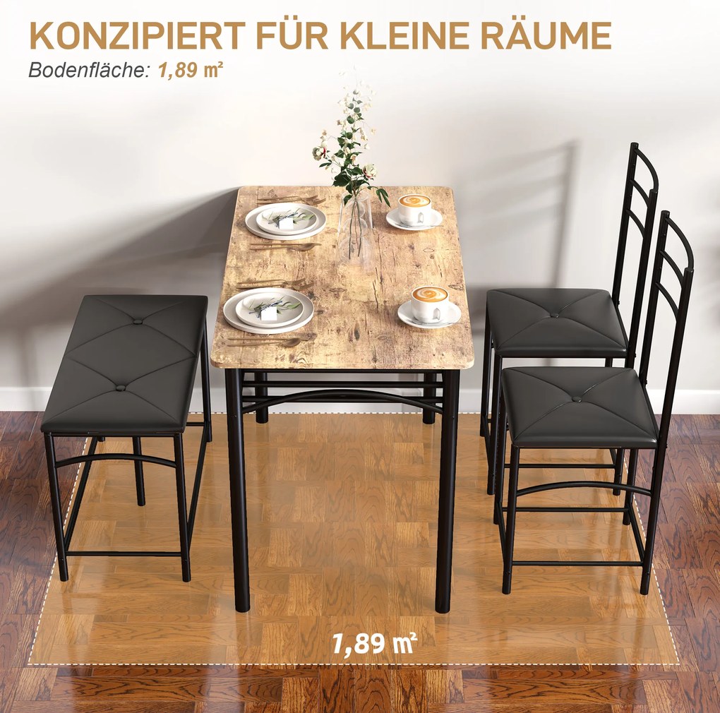 Σετ Τραπεζαρίας HOMCOM 4 τεμαχίων, Σετ Εξοικονόμησης Χώρου με Τραπέζι, 2 Καρέκλες και Πάγκο, για Μικρούς Χώρους, Μέταλλο, Ξύλο, Καφέ