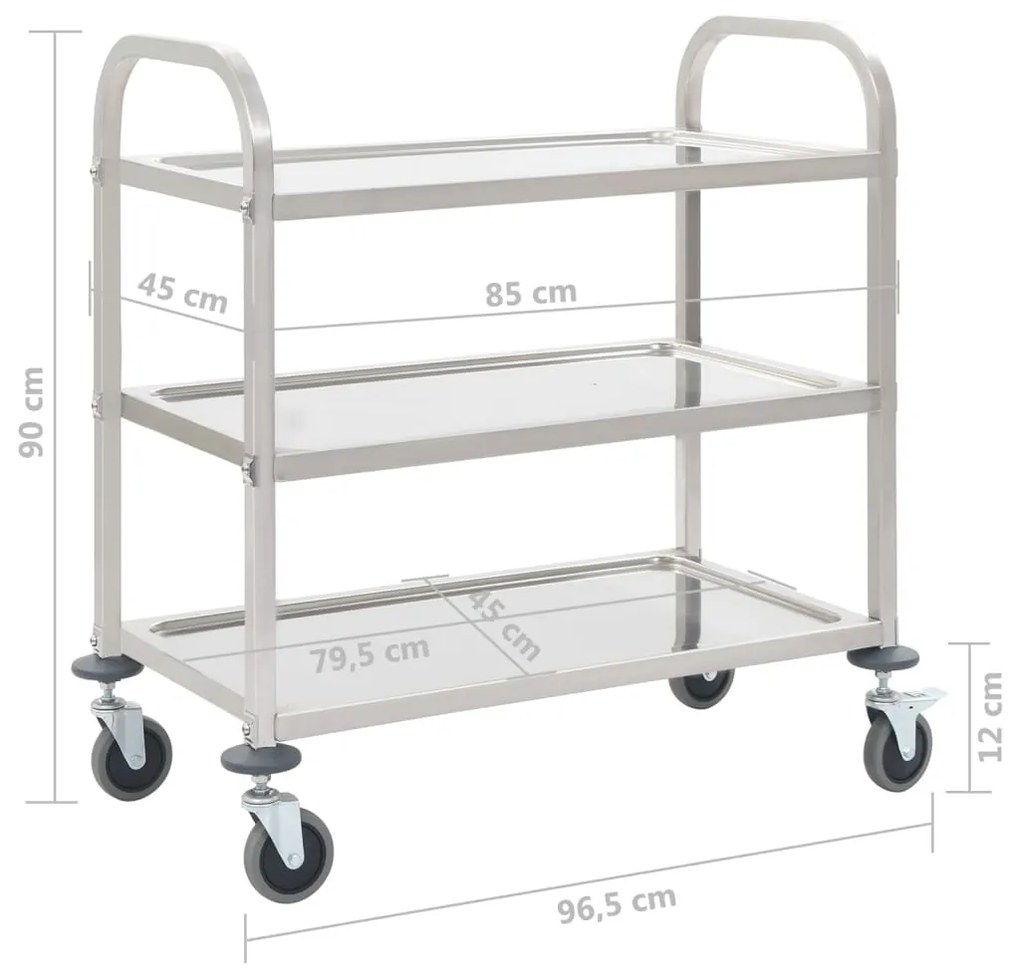 vidaXL Τρόλεϊ Κουζίνας με 3 Ράφια 96,5x55x90 εκ. από Ανοξείδωτο Ατσάλι