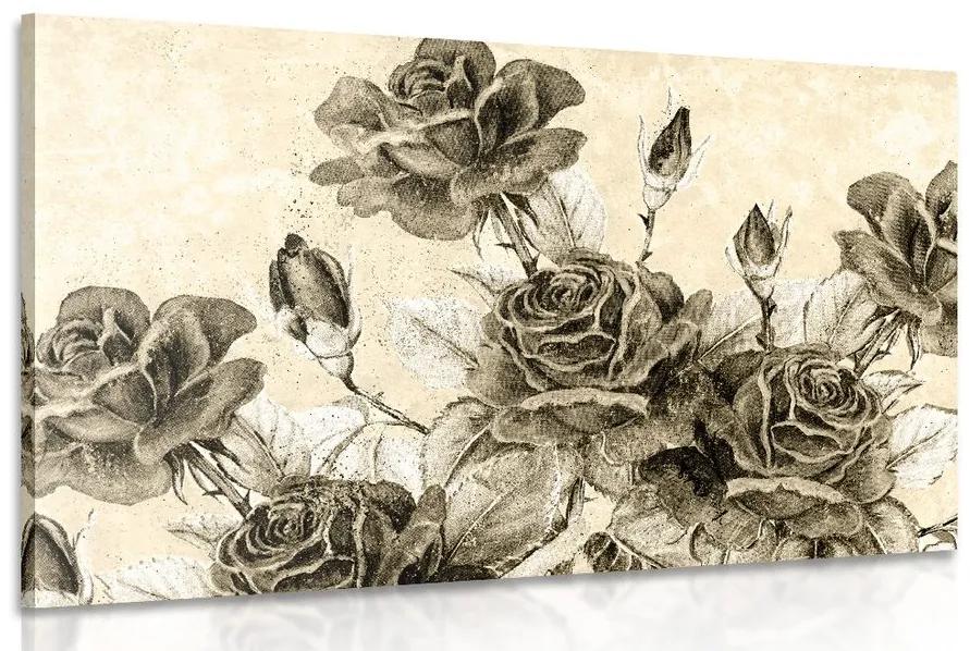 Εικόνα vintage μπουκέτο με τριαντάφυλλα σε σχέδιο σέπια - 90x60