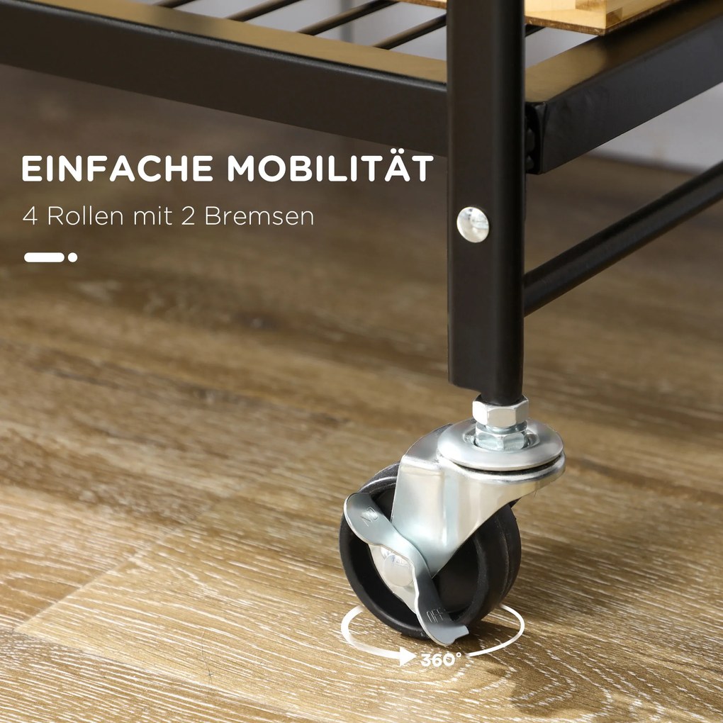 HOMCOM Τρόλεϊ Κουζίνας σε Βιομηχανικό Σχέδιο, με 3 ράφια, Πολυλειτουργικό Τρόλεϊ, Τρόλεϊ Σερβιρίσματος, 4 Ρόδες, Αναδιπλούμενο, Καφέ + Μαύρο