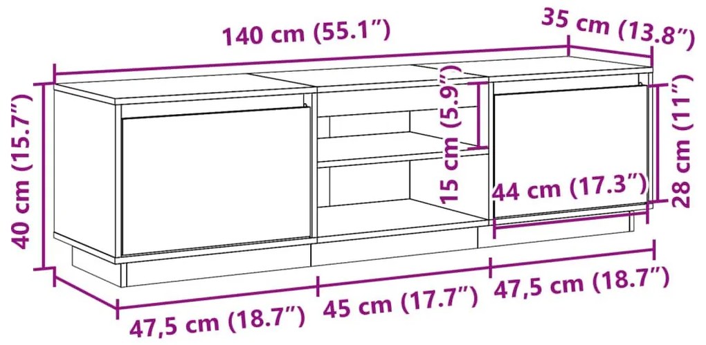 Έπιπλο Τηλεόρασης Καφέ Μελί 140x35x40 εκ. από Μασίφ Ξύλο Πεύκου - Καφέ