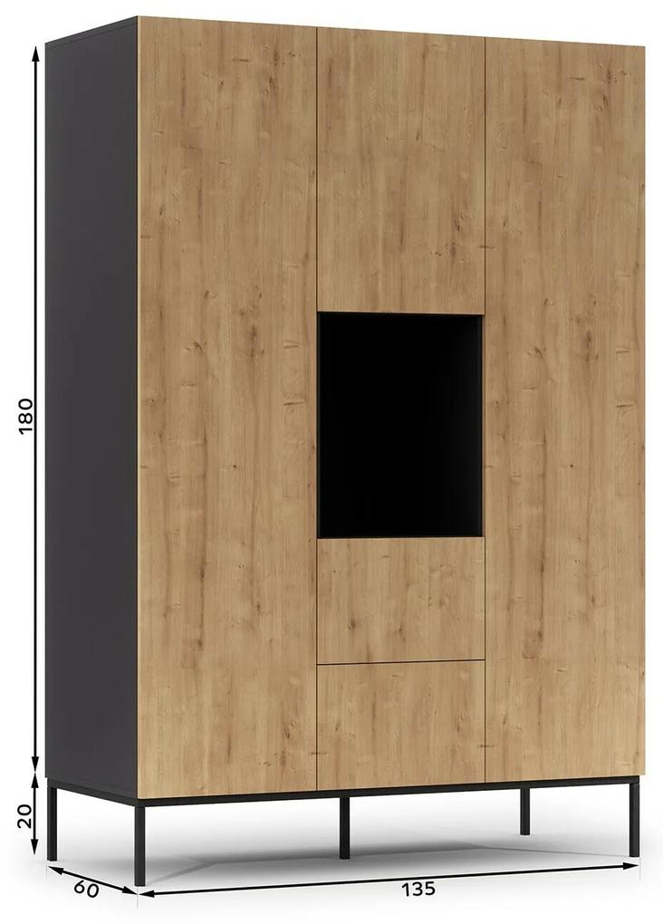 Ντουλάπα Elyria C103, Artisan βελανιδιά, Μαύρο ματ, 200x135x60cm, 127 kg, Πόρτες ντουλάπας: Με μεντεσέδες | Epipla1.gr