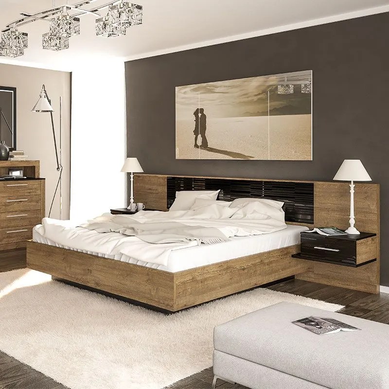 Κρεβάτι Romilly 173-000012 209x265x91 Για Στρώμα 160x200 Black Gloss-Walnut Διπλό Μοριοσανίδα, Μελαμίνη