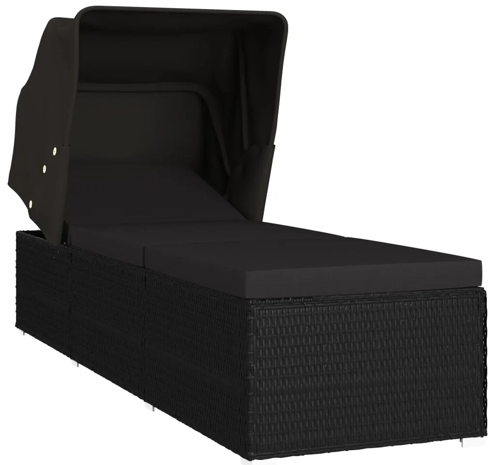 vidaXL Ξαπλώστρα Μαύρη από Συνθετικό Ρατάν με Σκίαστρο και Μαξιλάρι