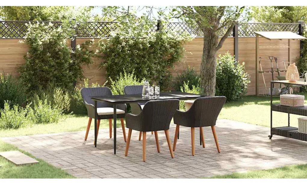 vidaXL Σέτ φαγητού για κήπο με μαξιλάρι 5 pcs Μαύρο συνθετικό ρατάν