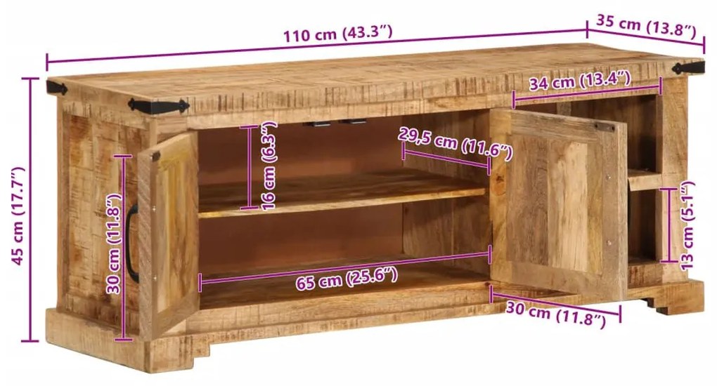 Έπιπλο Τηλεόρασης 110x35x45 εκ. Ακατέργαστο Μασίφ Ξύλο Μάνγκο - Καφέ