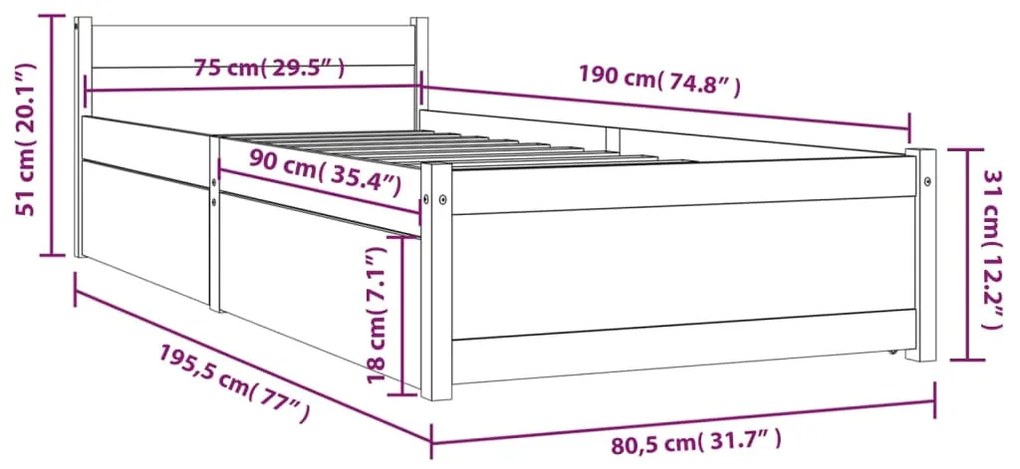 vidaXL Πλαίσιο Κρεβατιού Με Συρτάρια Μαύρο 75x190 εκ Small Single