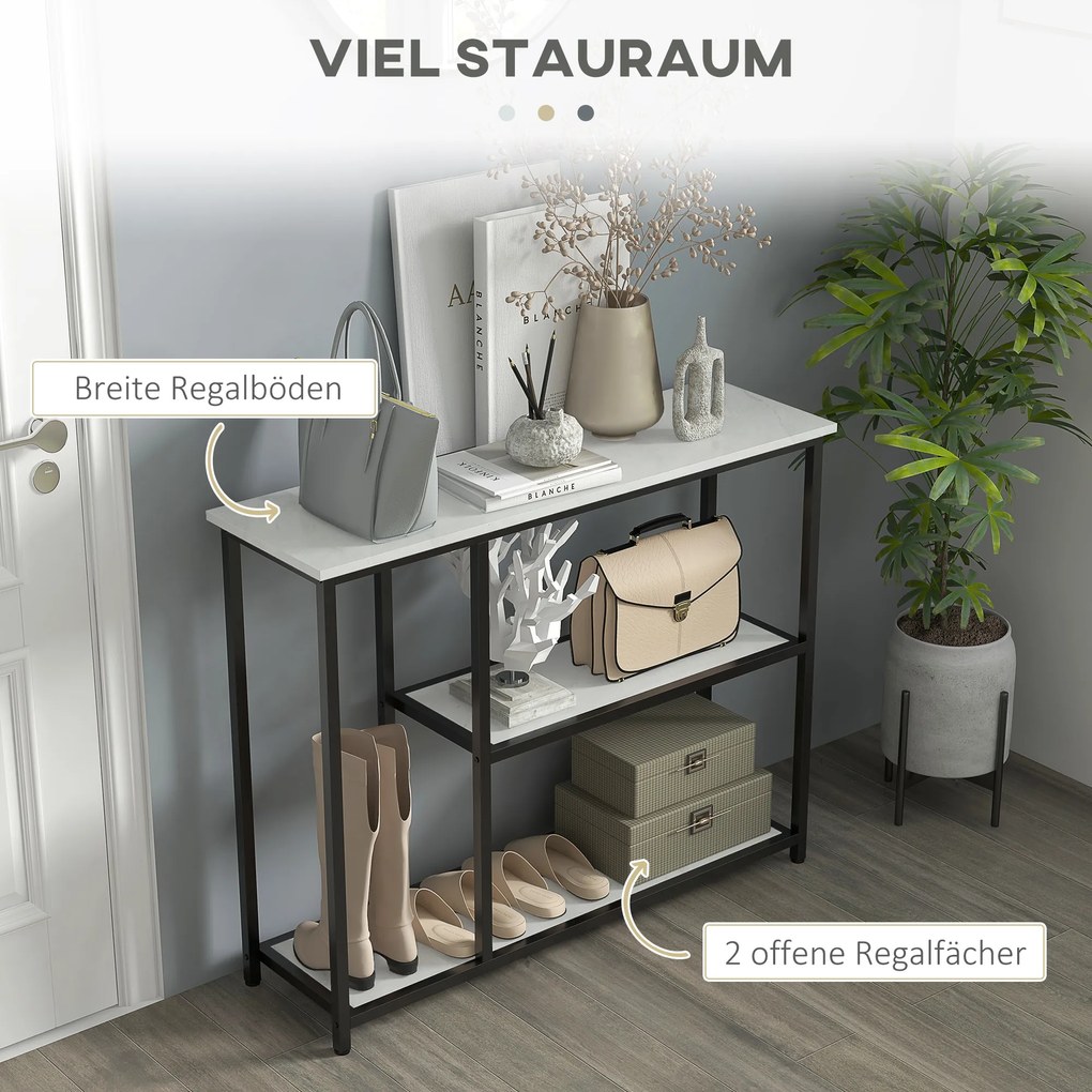 HOMCOM Κονσόλα σε βιομηχανικό σχεδιασμό, 2 ράφια, όψη μαρμάρου, Μαύρο + Λευκό