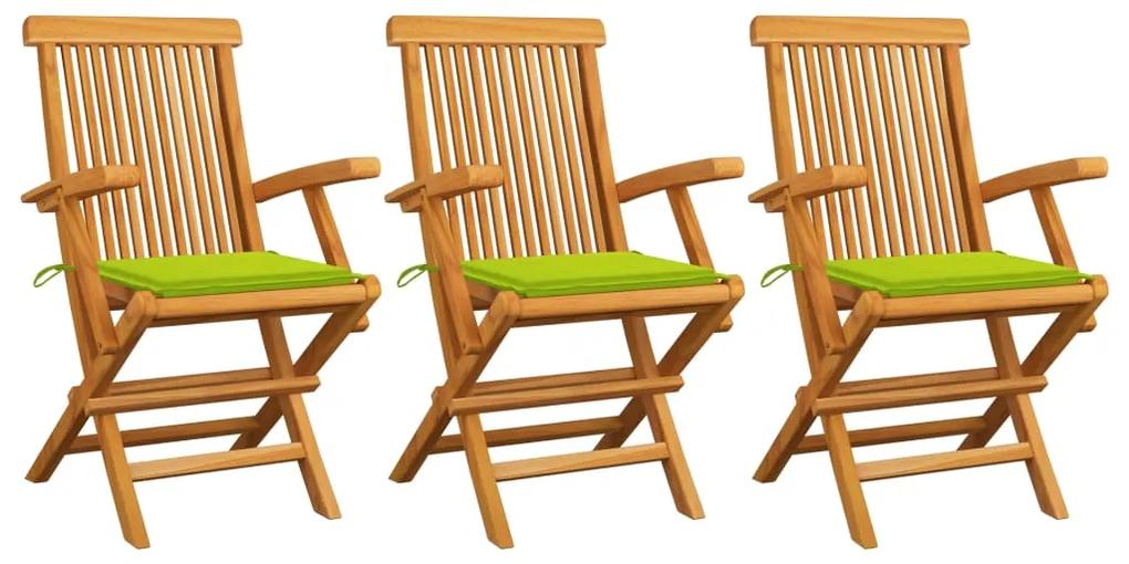 vidaXL Καρέκλες Κήπου 3 τεμ. Μασίφ Ξύλο Teak Φωτεινά Πράσινα Μαξιλάρια