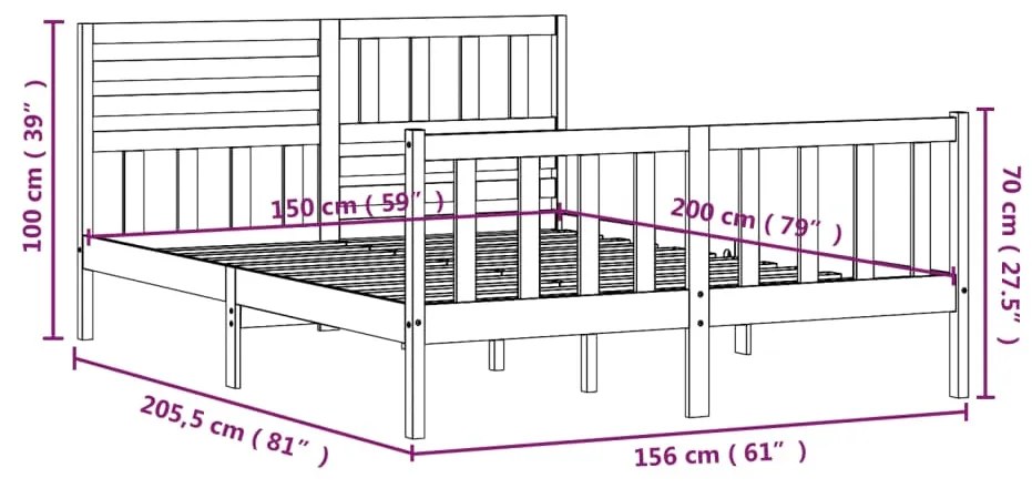 Πλαίσιο Κρεβατιού Γκρι 150 x 200 εκ. Μασίφ Ξύλο King Size - Γκρι