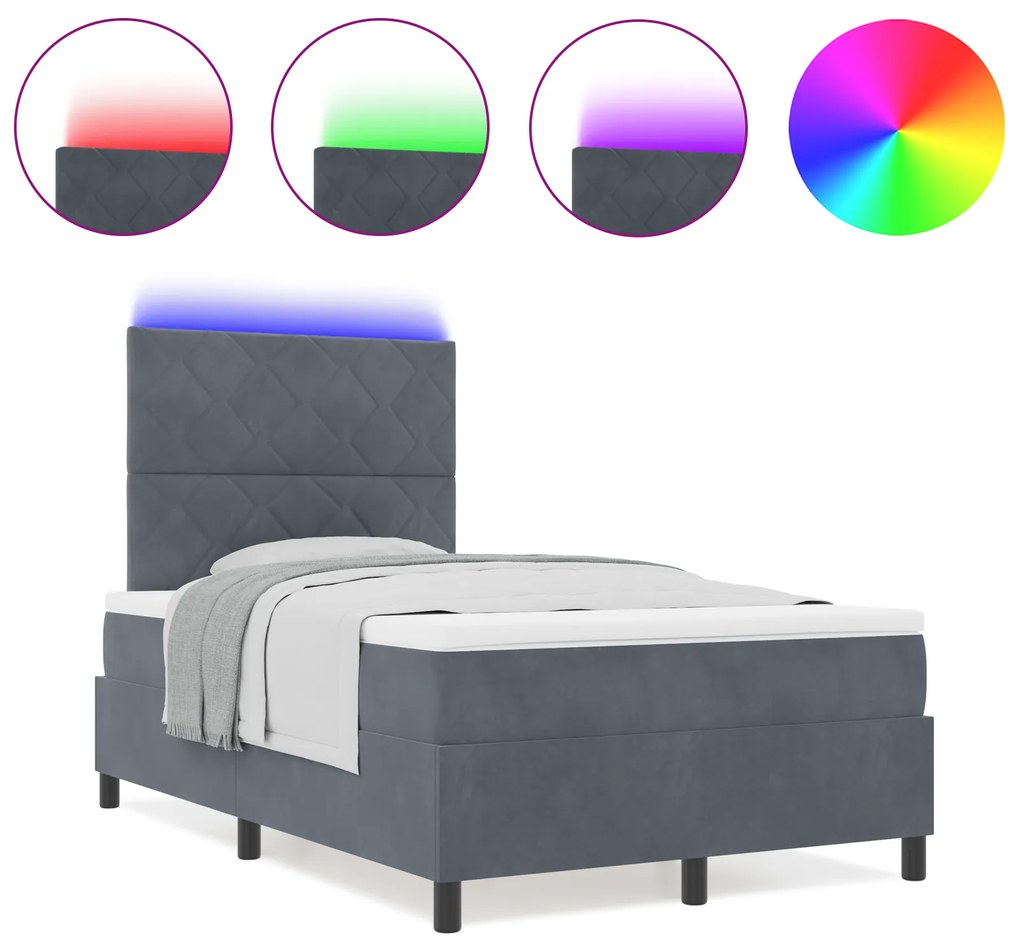 vidaXL Κρεβάτι Box Spring με στρώμα & LED Σκούρο Γκρι 120x190 εκ. Βελούδο