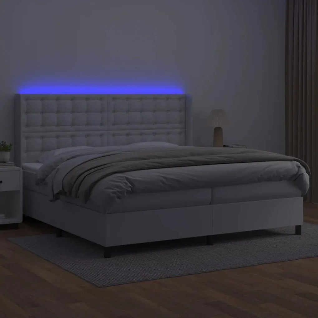 Κρεβάτι Boxspring με Στρώμα &amp; LED Λευκό 200x200 εκ. Συνθ. Δέρμα - Λευκό