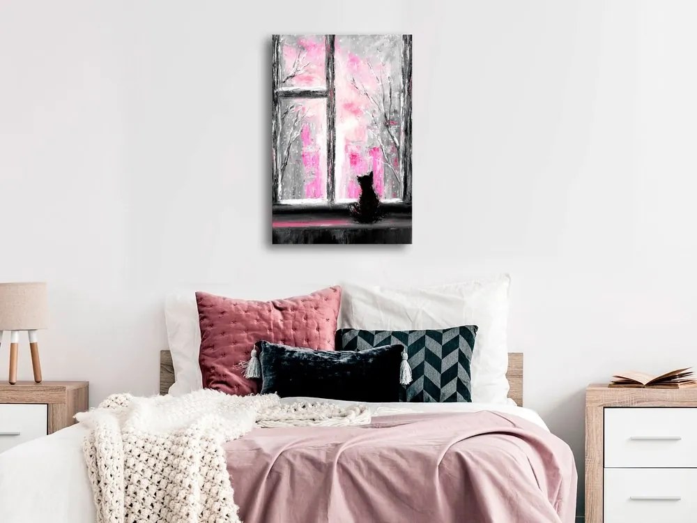 Πίνακας - Longing Kitty (1 Part) Vertical Pink - 40x60