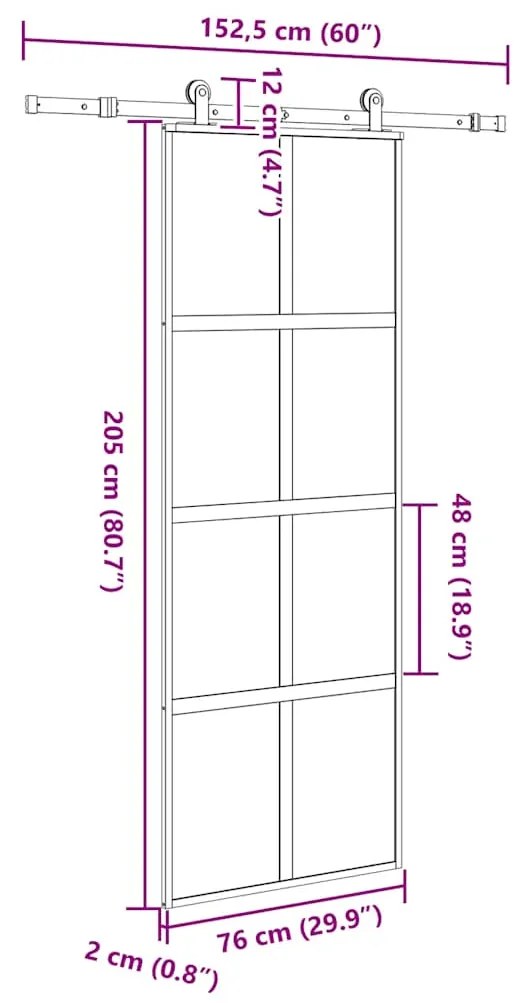 Συρόμενη πόρτα με σετ υλικού 76x205 cm από γυαλί&amp;Αλουμίνιο - Μαύρο