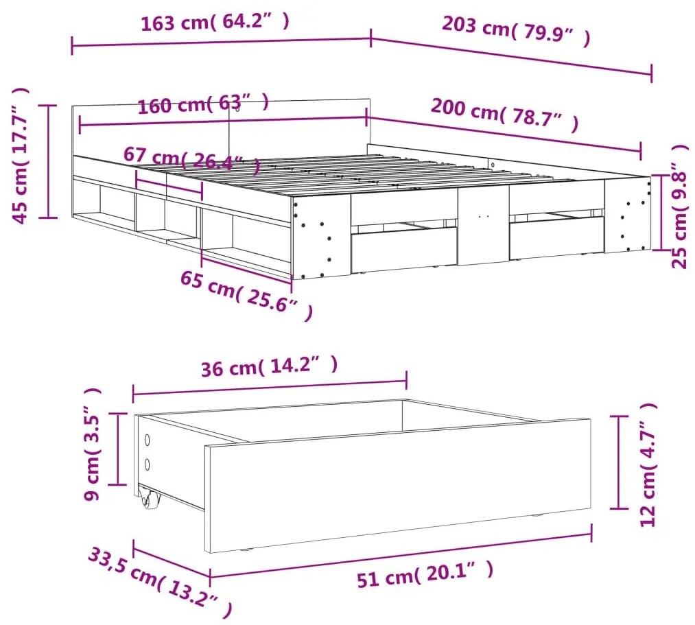 Πλαίσιο Κρεβατιού με συρτάρια Γκρι Σκυρ. 160x200 εκ. Επεξ. Ξύλο - Γκρι