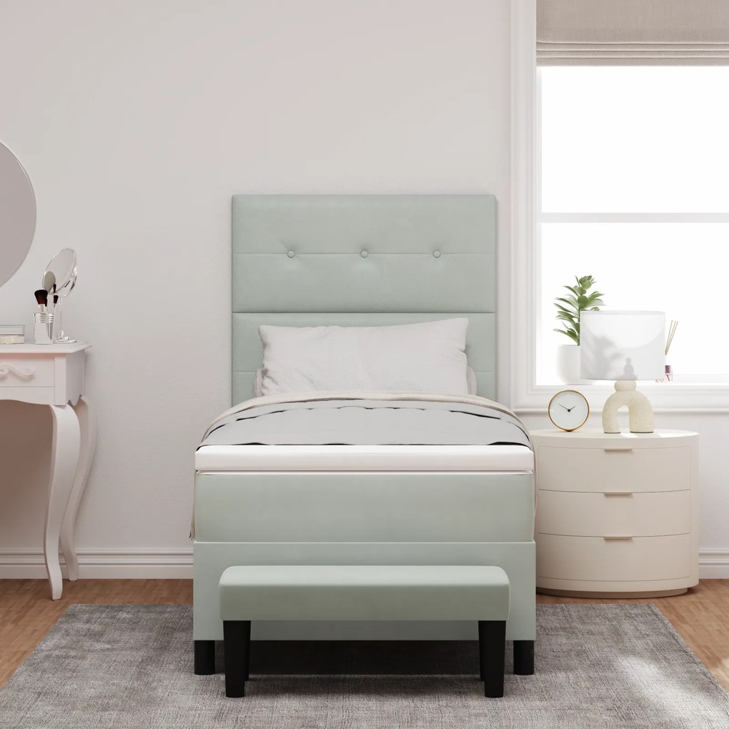 vidaXL Κρεβάτι Box Spring με στρώμα & πάγκο Ανοιχτό γκρι 100x200 εκ Βελούδο