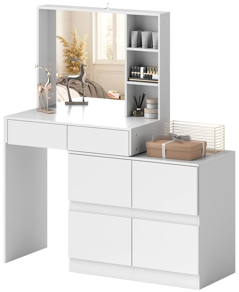 HOMCOM Τουαλέτα μακιγιάζ, τραπέζι μακιγιάζ με μεγάλο καθρέφτη, 4 συρτάρια, 3 ανοιχτά ράφια, 2 ντουλάπια, MDF, λευκό