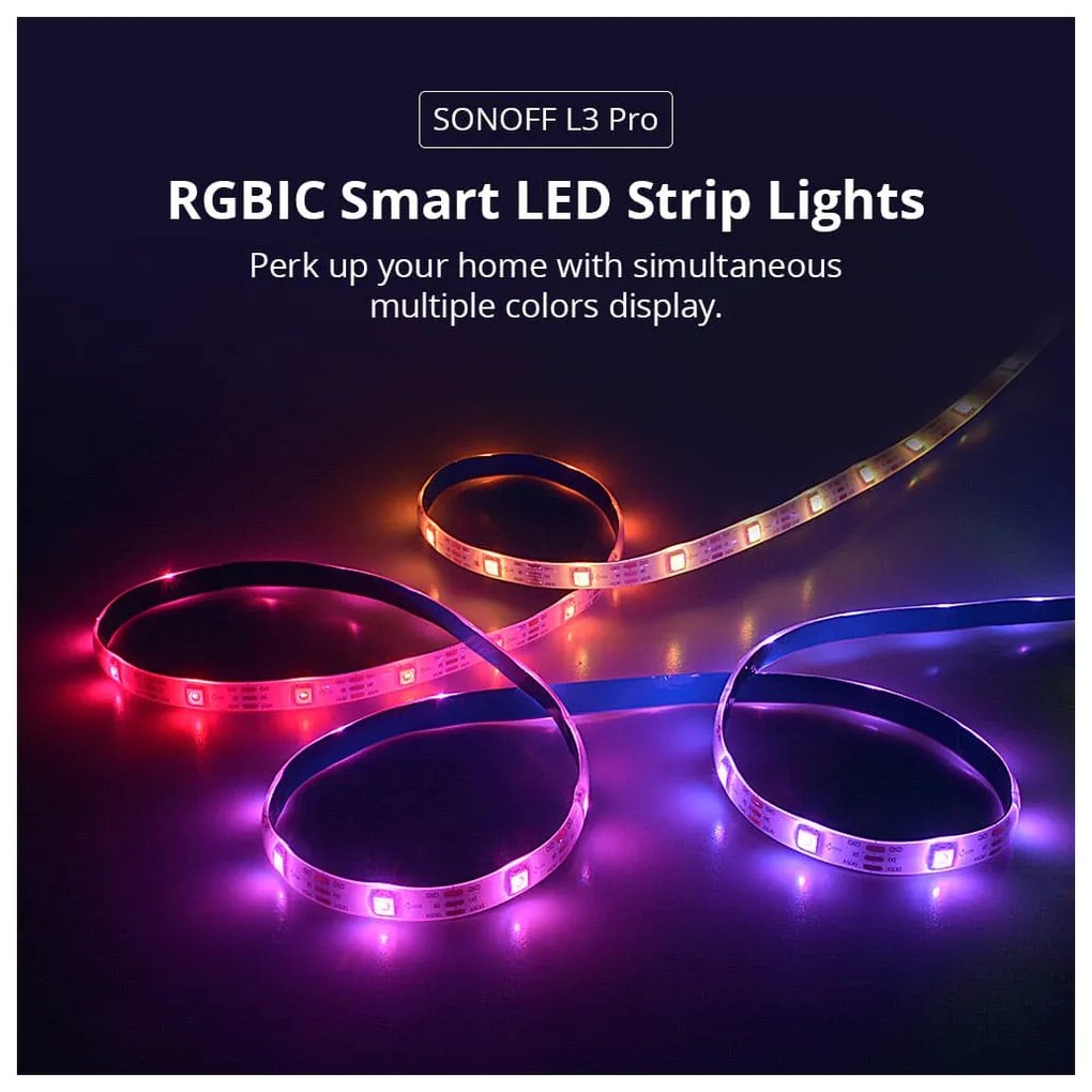 GloboStar® 80099 SONOFF L3-5M-PRO RGBIC Digital IC RGB Smart LED Strip Light WiFi 2.4GHz 90 SMD/M 5050 5m Roll &amp; Power Adapter DC 5V Max 10W