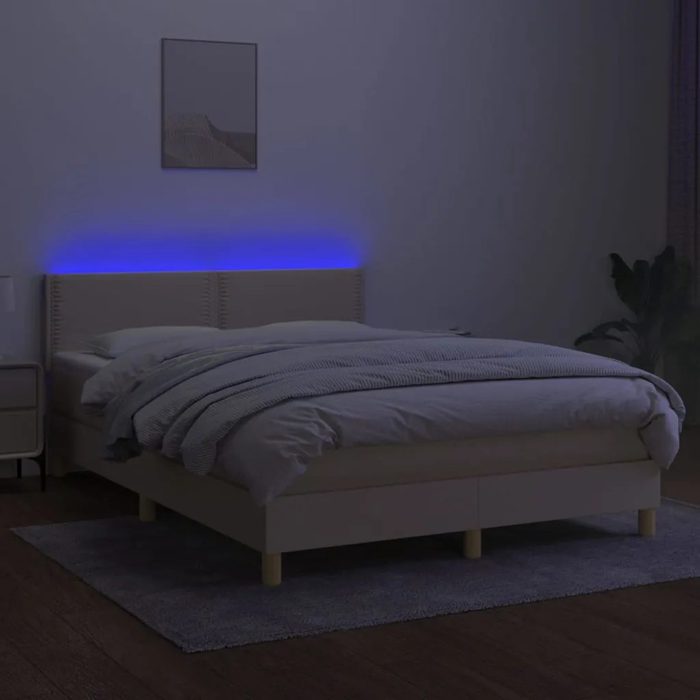 Κρεβάτι Boxspring με Στρώμα &amp; LED Κρεμ 140x190 εκ. Υφασμάτινο - Κρεμ