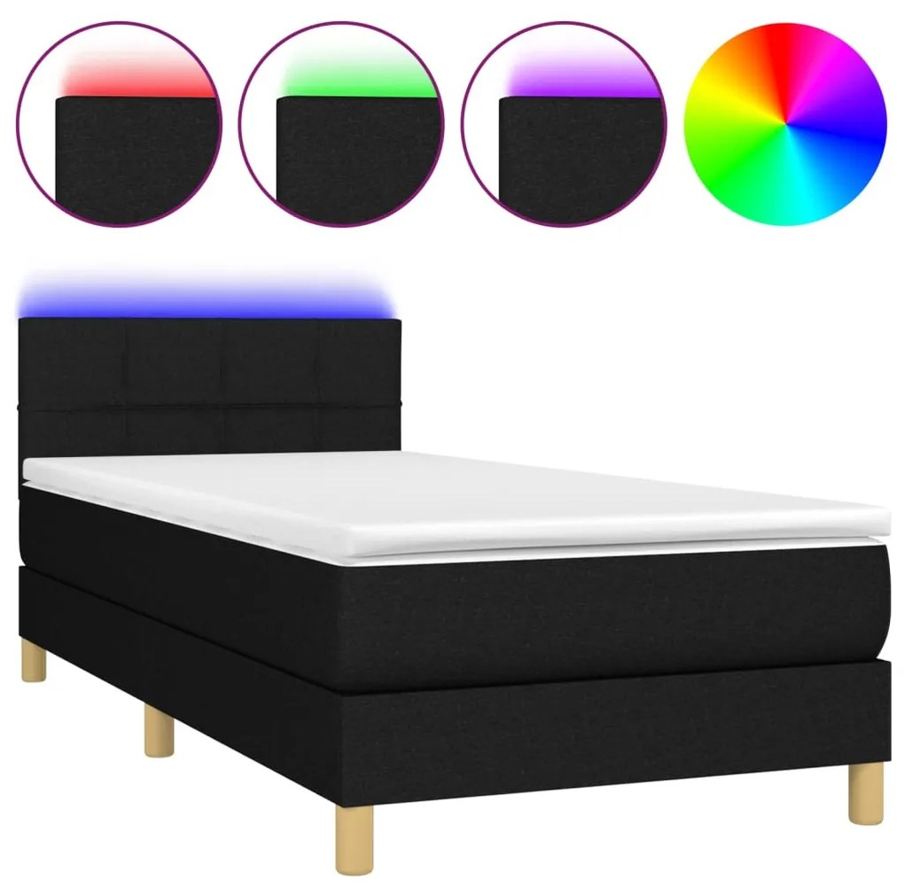 vidaXL Κρεβάτι Boxspring με Στρώμα & LED Μαύρο 90x200 εκ. Υφασμάτινο