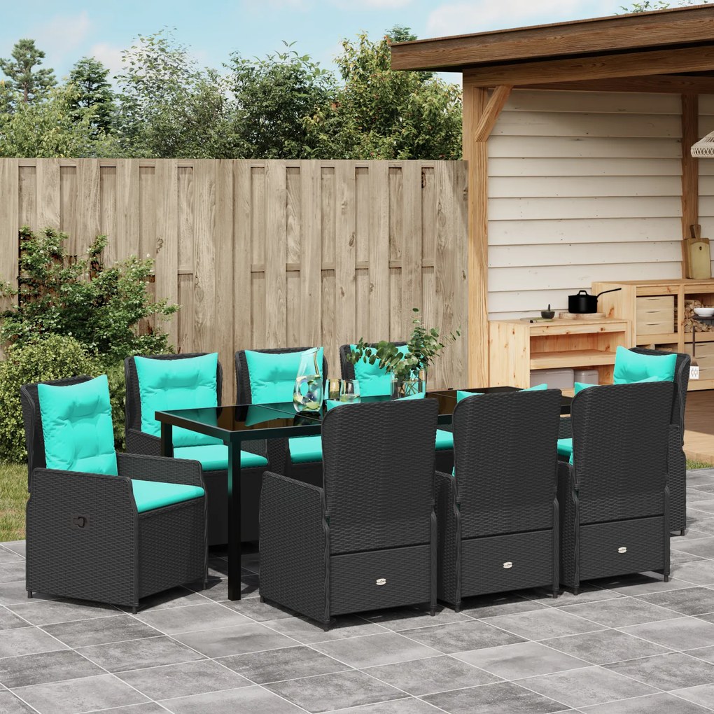 vidaXL Σετ Γεύματος Κήπου 9 Τεμάχια Μαύρο Poly Rattan