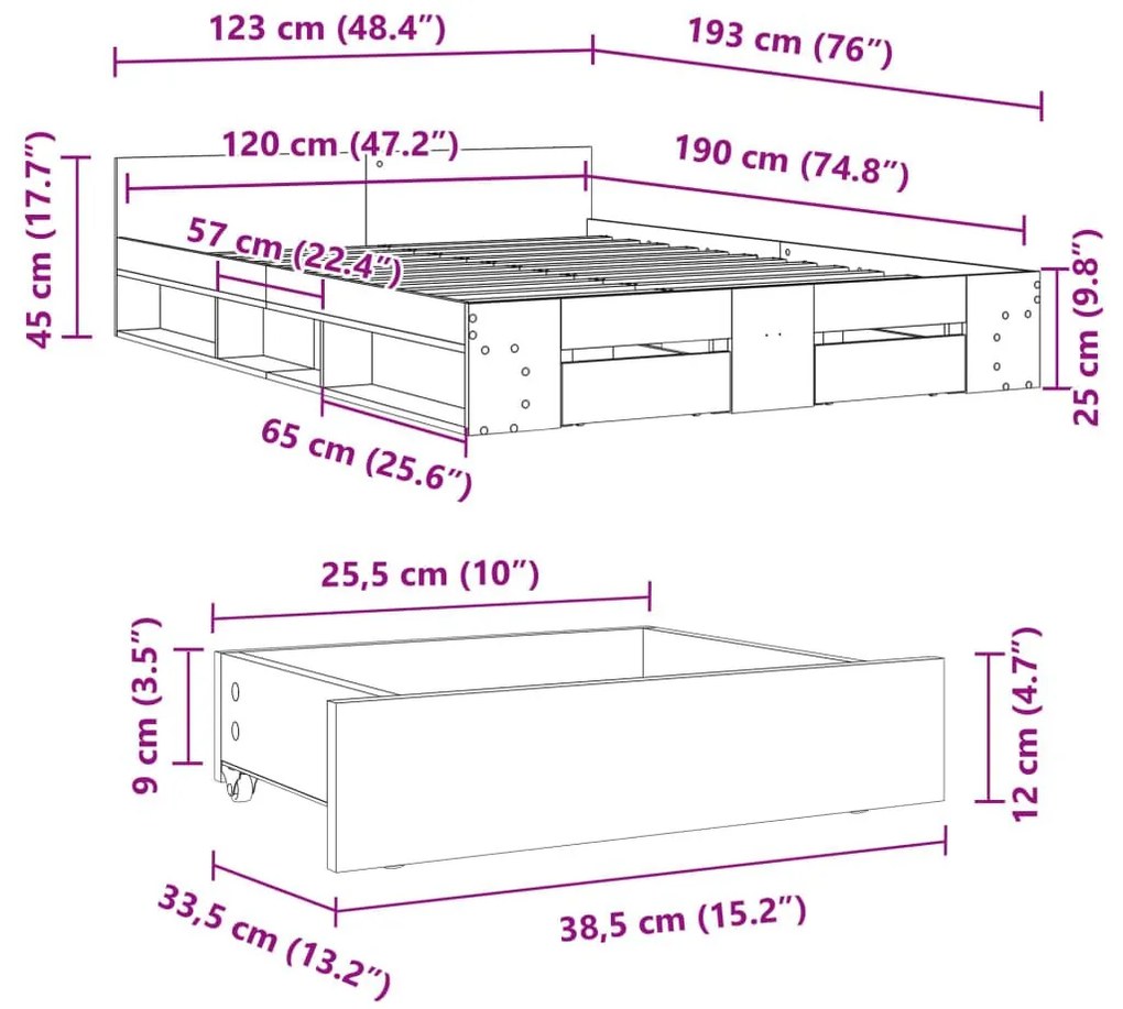 Πλαίσιο Κρεβατιού με συρτάρια Γκρι sonoma 120x190εκ. Επεξ. Ξύλο - Γκρι