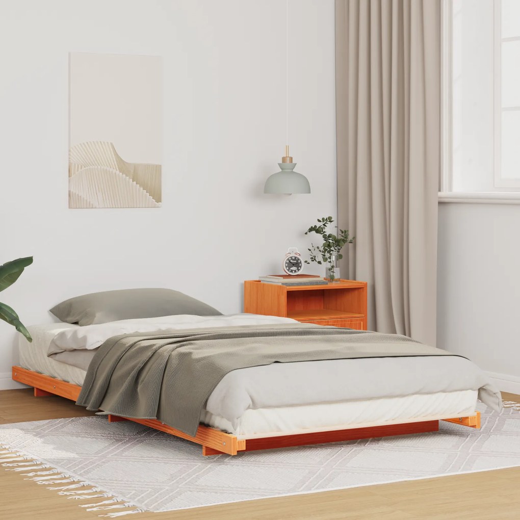 vidaXL Κρεβάτι δαπέδου Καφέ κεριού 90 x 210 cm Μασίφ ξύλο πεύκου