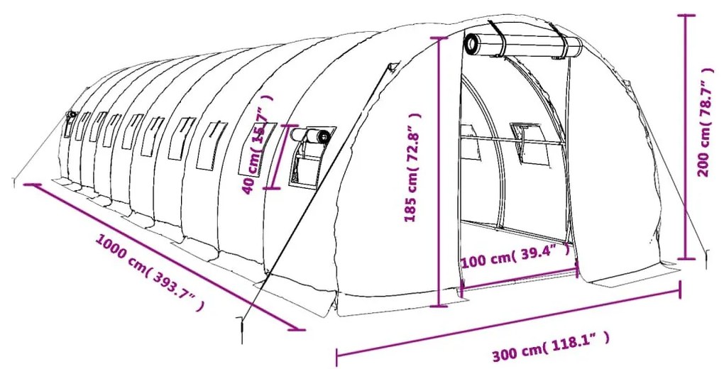 Θερμοκήπιο Πράσινο 30 μ² 10 x 3 x 2 μ. με Ατσάλινο Πλαίσιο - Πράσινο