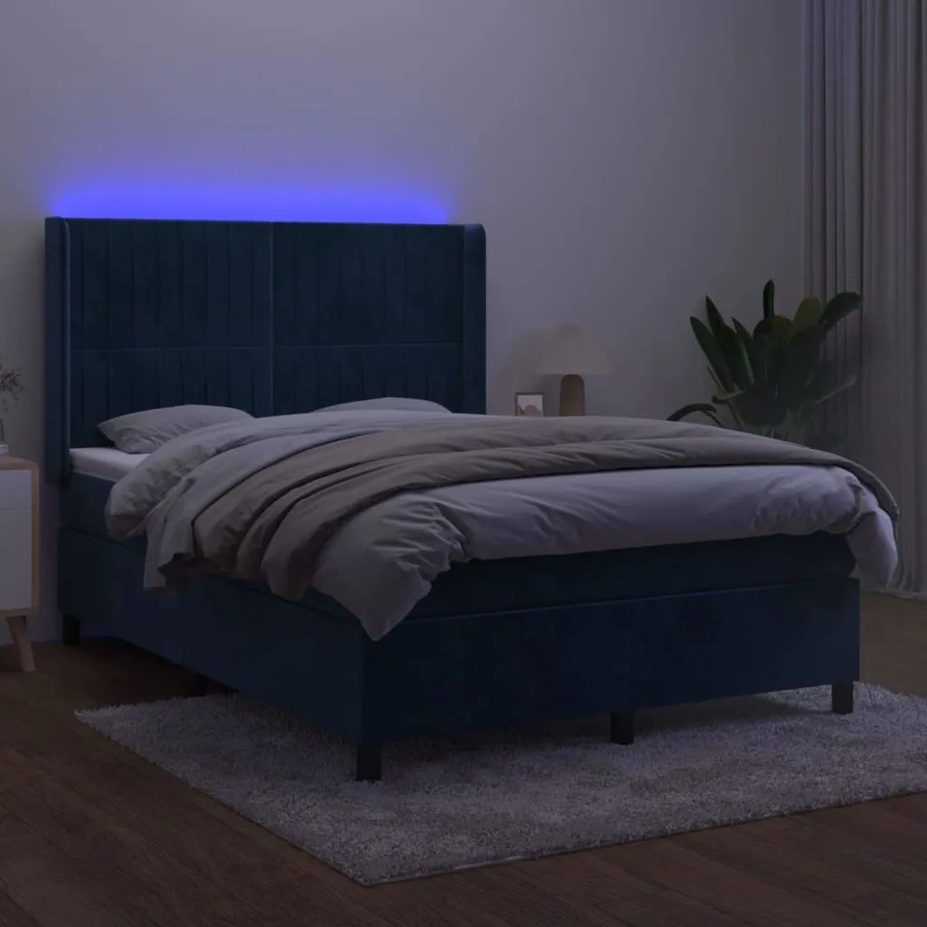 Κρεβάτι Boxspring με Στρώμα &amp; LED Σκ. Μπλε 140x200εκ. Βελούδινο - Μπλε