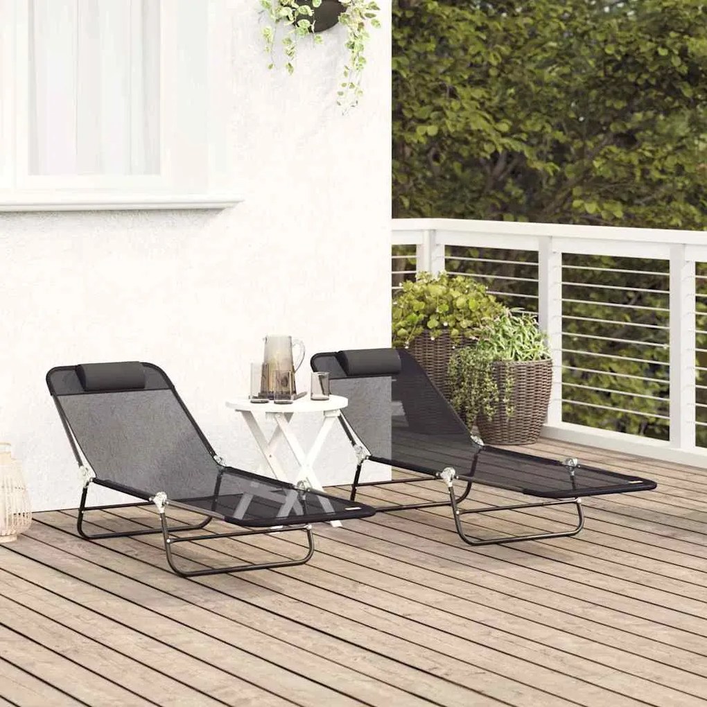 vidaXL Πτυσσόμενη ξαπλώστρα 2 pcs Μαύρο 182 x 55 x 85.5 εκ. Textilene