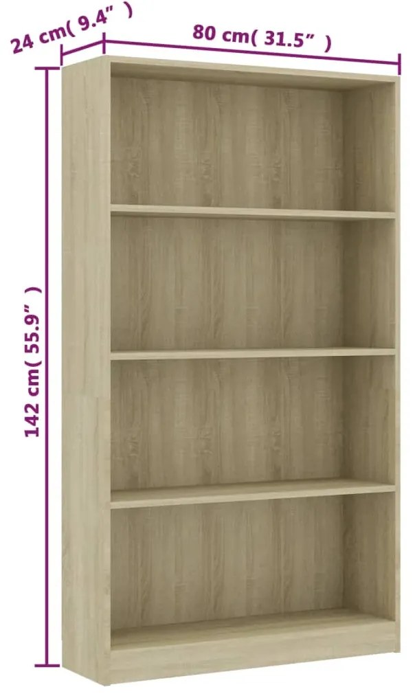 vidaXL Βιβλιοθήκη με 4 Ράφια Sonoma Δρυς 80x24x142 εκ. Επεξ. Ξύλο