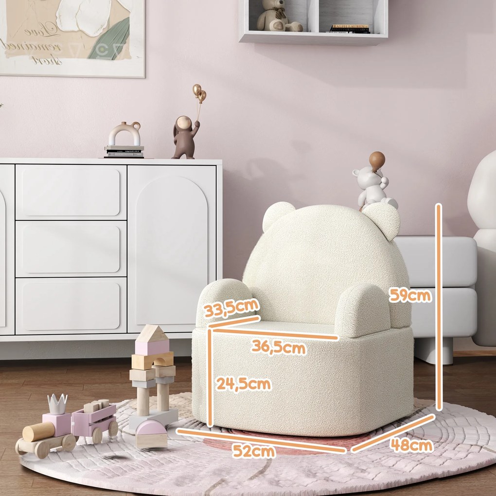 AIYAPLAY Παιδική Καρέκλα, Σχέδιο Αρκούδας, Μαλακό Teddy Fleece, έως 3 ετών, 52x48x59 cm, Μπεζ