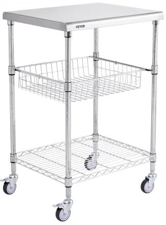 VEVOR Kitchen Utility Cart, 3 Tiers, Wire Rolling Cart with 470LBS Capacity, Steel Service Cart on Wheels, Metal Storage Trolley with 76mm Basket Curved Handle PP Liner 6 Hooks, for Indoor and Outdoor