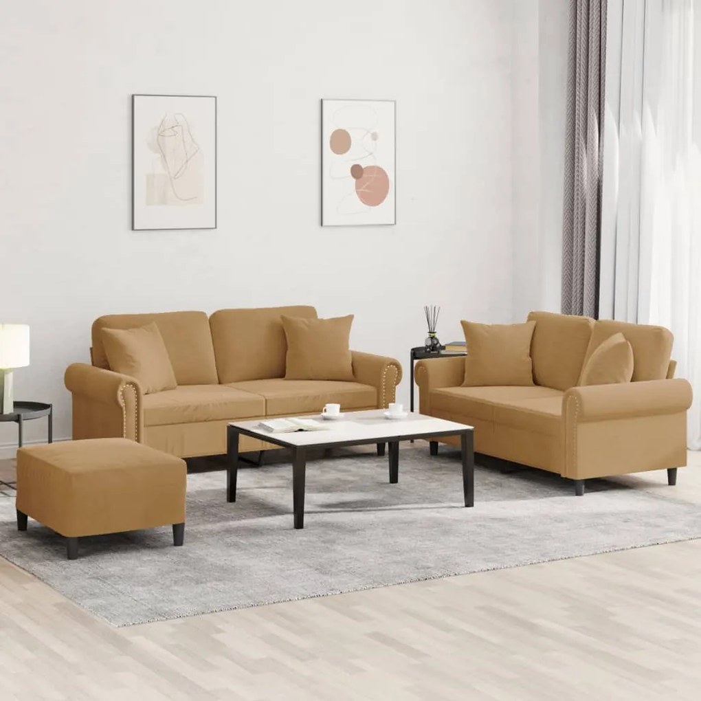 vidaXL Σετ Σαλονιού 3 Τεμαχίων Καφέ Βελούδινο με Μαξιλάρια