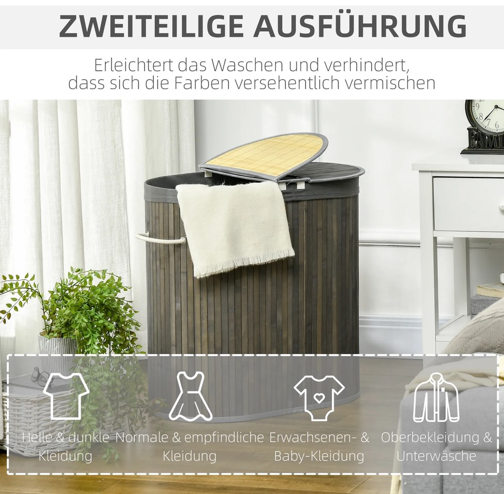HOMCOM Καλάθι απλύτων 100 L με καπάκι, λαβές, 2 διαμερίσματα, αφαιρούμενη τσάντα πλυντηρίου, για υπνοδωμάτιο, μπάνιο, μπαμπού, γκρι