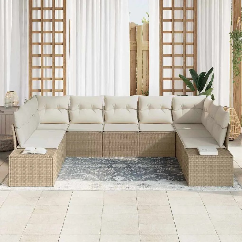 vidaXL Σετ Καναπέ Κήπου με μαξιλάρι 9 pcs Μπεζ Πολυ ράταν