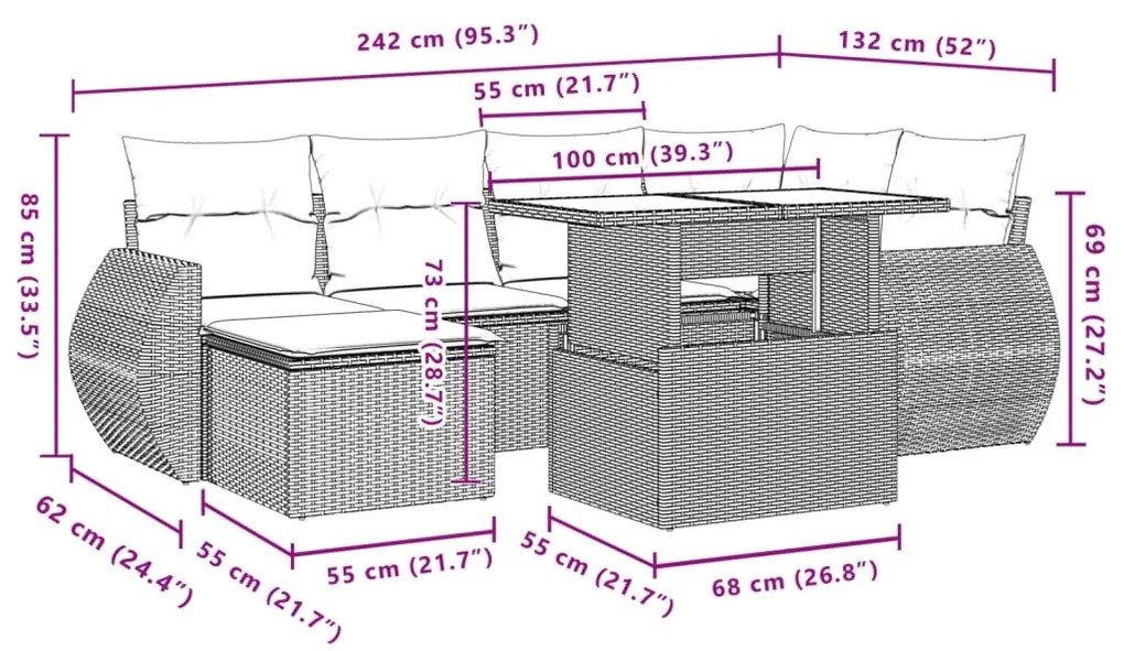 Σαλόνι Κήπου Σετ 7 Τεμαχίων Γκρι Συνθετικό Ρατάν με Μαξιλάρια - Γκρι