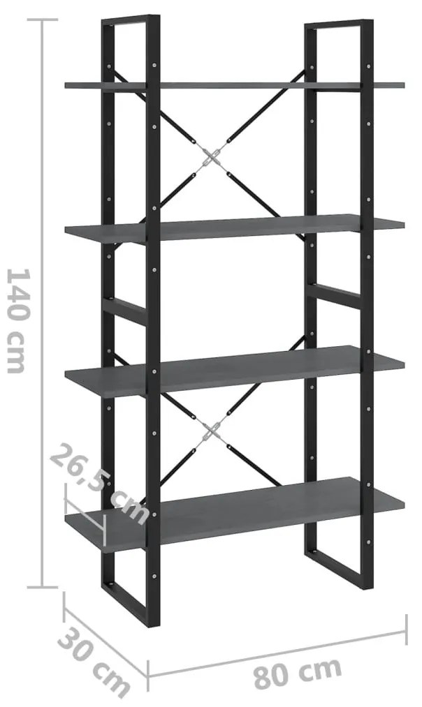 Βιβλιοθήκη με 4 Ράφια Γκρι 80 x 30 x 140 εκ. Μασίφ Ξύλο Πεύκου - Γκρι