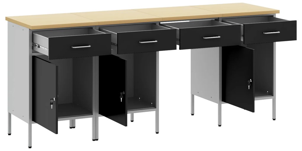 vidaXL Set εργασίας 4 τεμαχίων  με cabinet και τραπέζι Μαύρο Επεξεργασμένο ξύλο και Χάλυβα