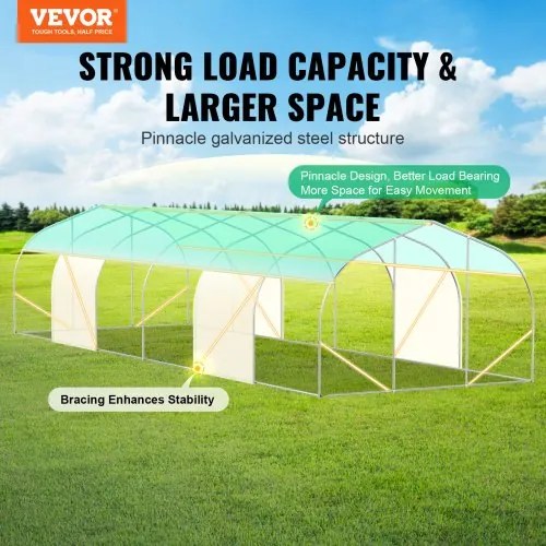 VEVOR Walk-in Tunnel Greenhouse 29.53x9.84x6.6ft Galvanized Frame PE Cover Green