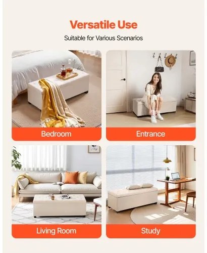 VEVOR Storage Ottoman Bench, Button-Tufted End of Bed Bench with Side Bags, Flip-up Upholstered Storage Chest with Metal Frame, Linen Bed Ottoman for Living Room, Bedroom, Entryway, Office, Beige