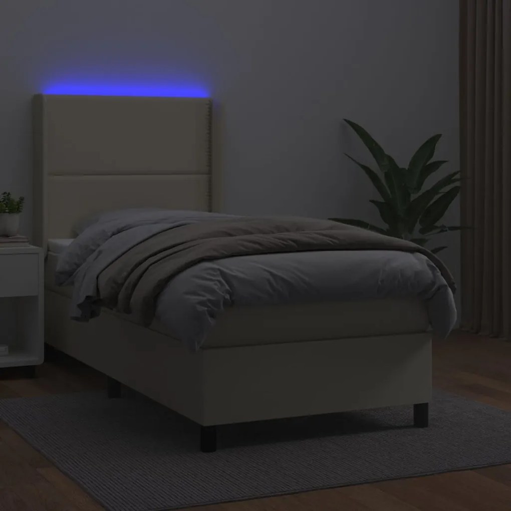 vidaXL Κρεβάτι Boxspring με Στρώμα & LED Κρεμ 100x200 εκ. Συνθ. Δέρμα