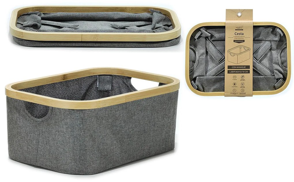 Καλάθι Αποθήκευσης Πτυσσόμενο Με Polyester 600D Θήκη Και Λαβές Γκρι/Φυσικό Ύφασμα/Ξύλο 38x26x16cm