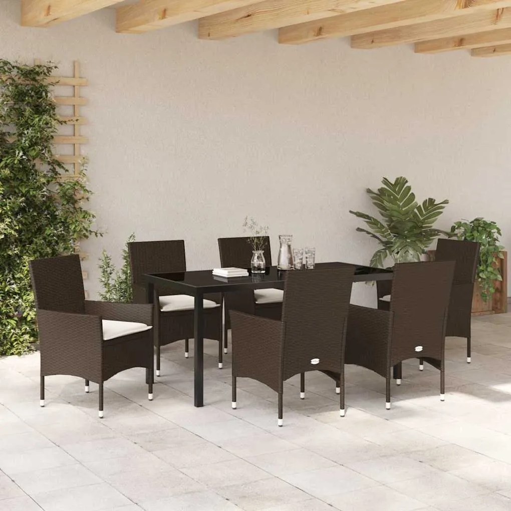 vidaXL Σέτ φαγητού για κήπο με μαξιλάρι 7 pcs Καφέ Πολυ ράταν