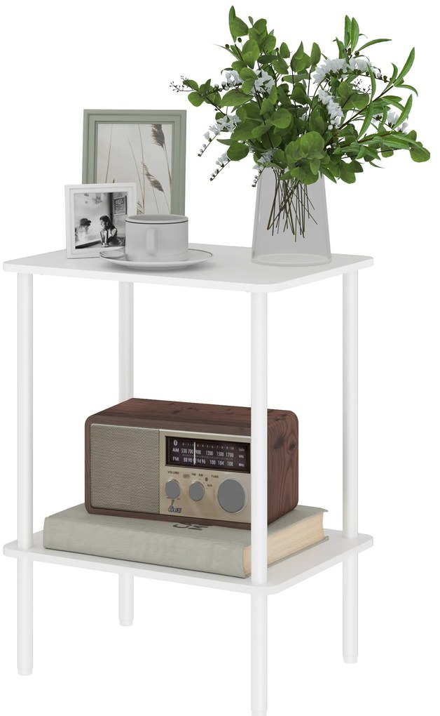 HOMCOM Μοντέρνο 2-επίπεδο βοηθητικό τραπέζι με χώρο αποθήκευσης και μεταλλικό σκελετό για σαλόνι, υπνοδωμάτιο, λευκό