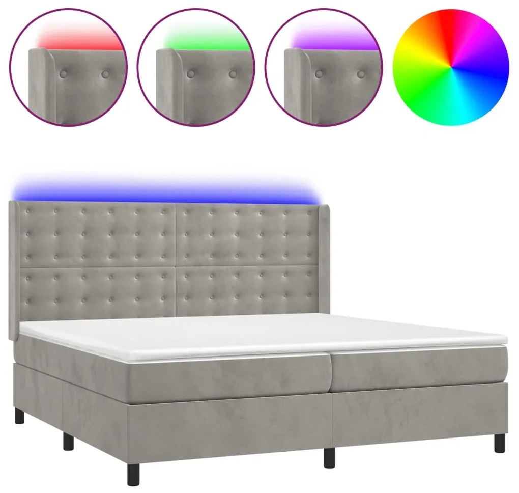 vidaXL Κρεβάτι Boxspring με Στρώμα & LED Αν.Γκρι 200x200 εκ. Βελούδινο