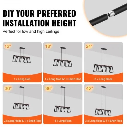 VEVOR 4-Light Kitchen Island Pendant Lights 60W Adjustable Dining Room Light E27