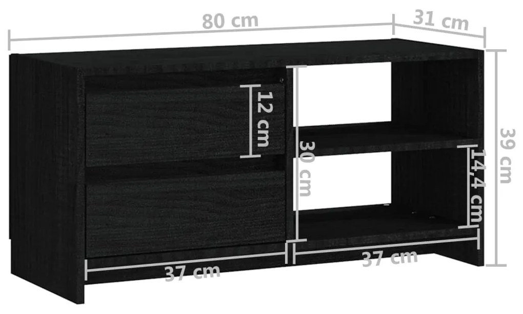 Έπιπλο Τηλεόρασης Μαύρο 80 x 31 x 39 εκ. από Μασίφ Ξύλο Πεύκου - Μαύρο